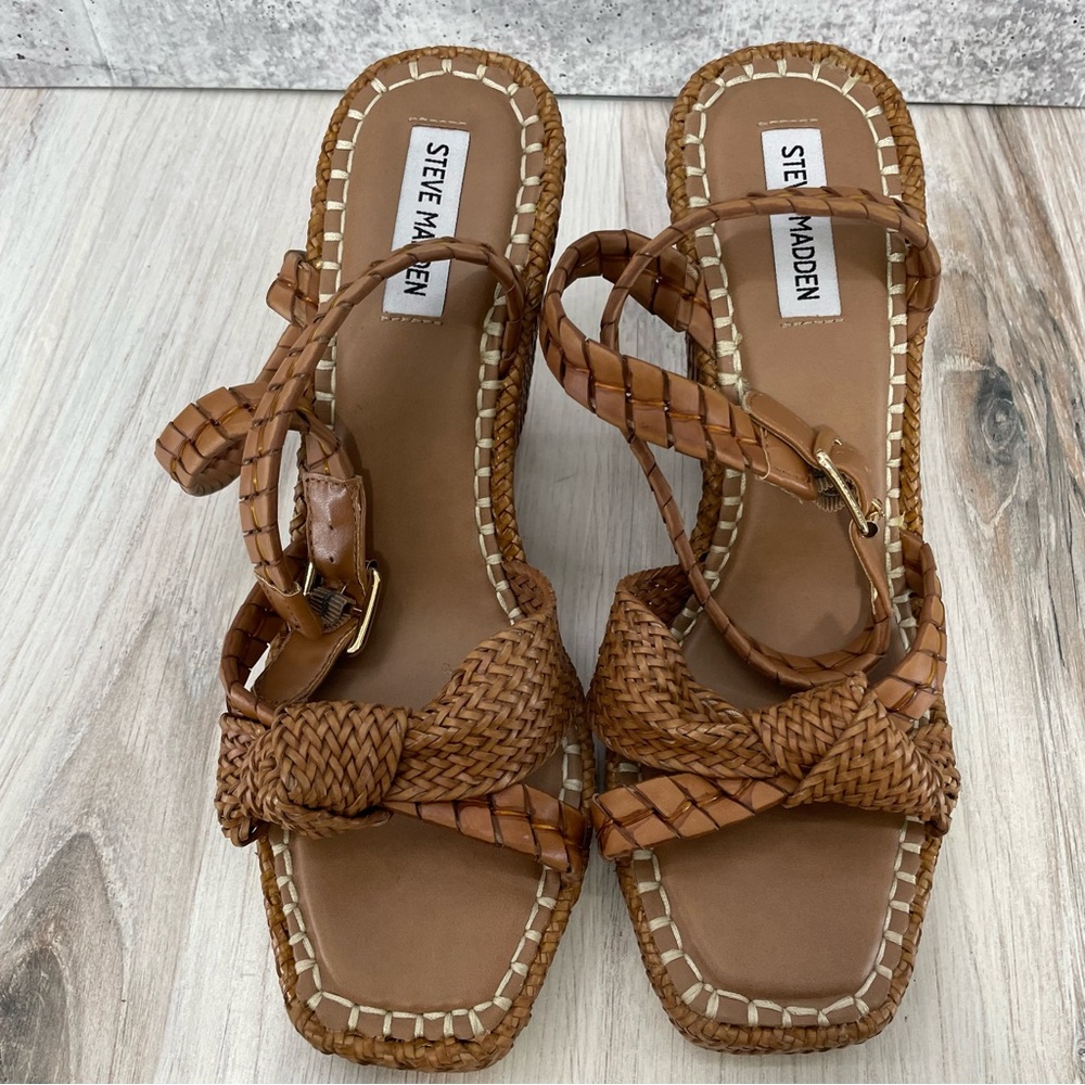 Steve Madden Jylan Woven Wedge Sandals Cognac Brown 11 New - Picture 5 of 11